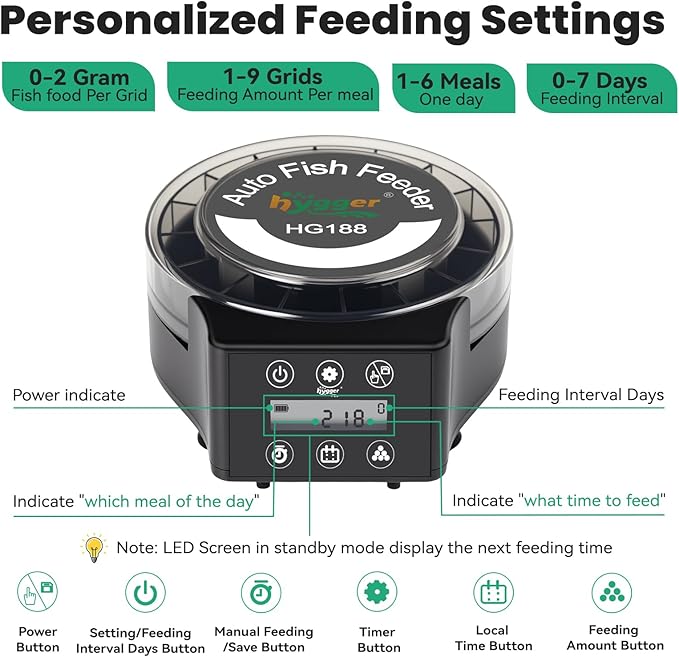hygger Automatic Fish Feeder for Aquarium: Auto Fish Food Dispenser with LED Display & Timer, Precision Auto Aquarium Vacation Feeder for Fishes with 3 AA Batteries for Betta Turtle Goldfish