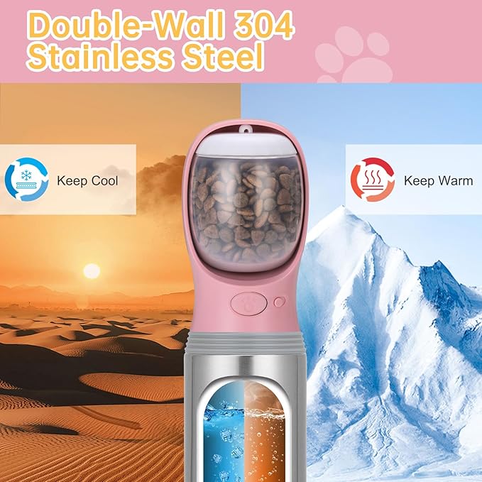 Portable Dog Water Bottle with Food Container, 14 OZ, Stainless Steel Leak Proof Puppy Water Dispenser with Drinking Feeder for Pets Travel, Walking, Hiking and Outdoor Activities