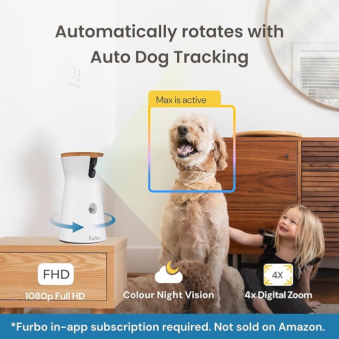 Furbo 360° Dog Camera - Unlock with Paid Plan: Home Security & Dog Safety Alerts, Rotating Pet Treat Dispenser w/ 2-Way Speaker, Smart Indoor Cam w/Phone App (3mo Minimum Subscription Required)