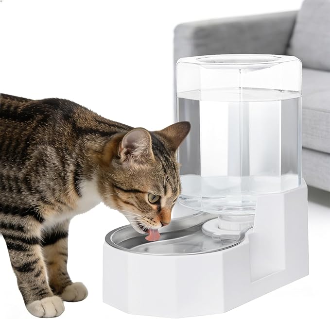 Sfozstra Gravity Water Bowl Dispenser : Automatic 4L White Cat Stainless Steel Feeder Without Filters for Pets Indoor/Outdoor by Owners