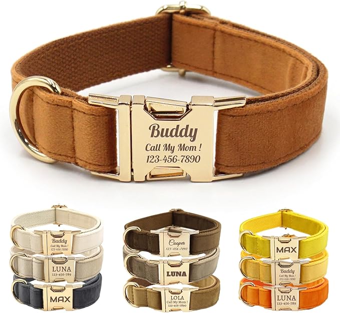 Velvet Personalized Dog Collar with Name - Customizable Dog Collar with Quick Release Metal Buckle - Leash and Bow Tie Available (Brown, L)
