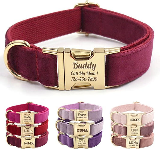 Velvet Personalized Dog Collar with Name - Customizable Dog Collar with Quick Release Metal Buckle - Leash and Bow Tie Available (Wine, L)