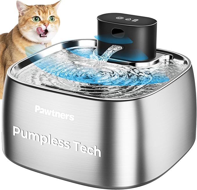 Cat Water Fountain Stainless Steel, Automatic Cordless Cats and Dogs Water Dispenser 108oz/3.2L, Battery Operated Pumpless Pet Fountain with Smart Indicator & 150° Wide-Angle Motion Sensor