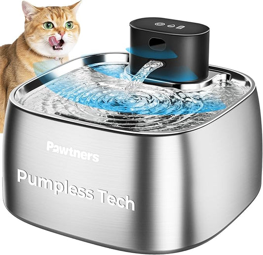 Cat Water Fountain Stainless Steel, Automatic Cordless Cats and Dogs Water Dispenser 108oz/3.2L, Battery Operated Pumpless Pet Fountain with Smart Indicator & 150° Wide-Angle Motion Sensor