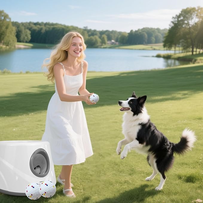 Automatic Ball Launcher for Dogs with 6 ETPU Balls, White, Adjustable Distance 20-45ft, USB Rechargeable, Interactive Pet Toy (Gary)