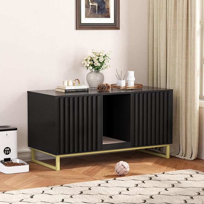 Double Litter Box Enclosure,Modern Cat Litter Box Enclosure for 2 Cats, Hidden Litter Box with Cat Scratch Pad, Cat Washroom Cat House End Table, Entryway Bench for Livingroom (Black)