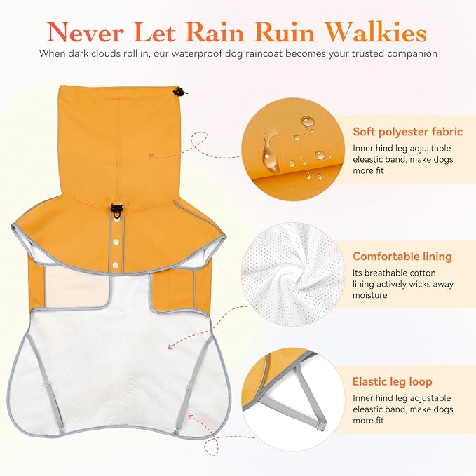 Reflective Dog Raincoat, Windproof & Waterproof Dog Rain Jacket, Adjustable Hooded Pet Poncho with Leash Hole for Small, Medium, Large Dogs(S-2XL) (Yellow, Large)