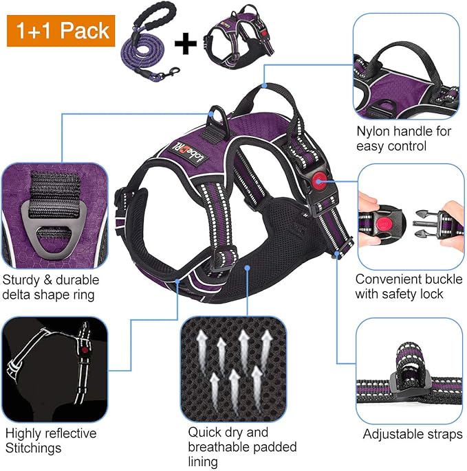 No Pull Dog Harness Adjustable Reflective Oxford Easy Control Medium Large Dog Harness with A Free Heavy Duty 5ft Dog Leash