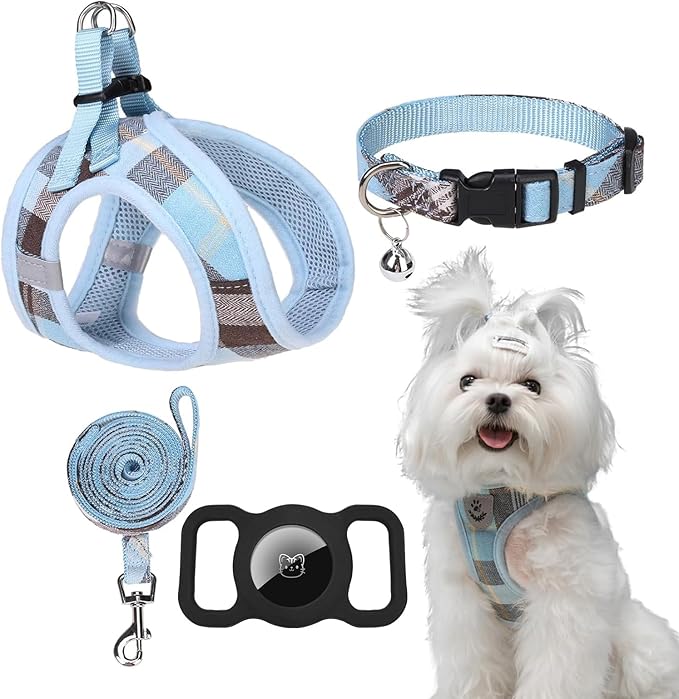 EXPAWLORER Classic Plaid Puppy Harness - Small Dog Harness and Leash Set - Dog Collar and Leash Set with AirTag Holder, Soft Padded Step in Dog Vest Harness No Pull Reflective for Outdoor, Blue M