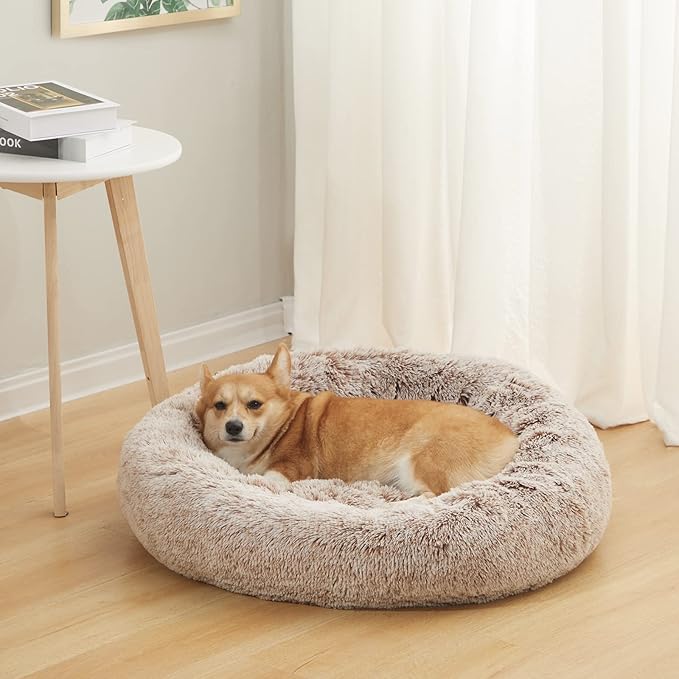 Bedfolks Calming Donut Dog Bed - 30" Round Plush for Medium Dogs, Anti-Anxiety, Machine Washable (Brown, Medium)