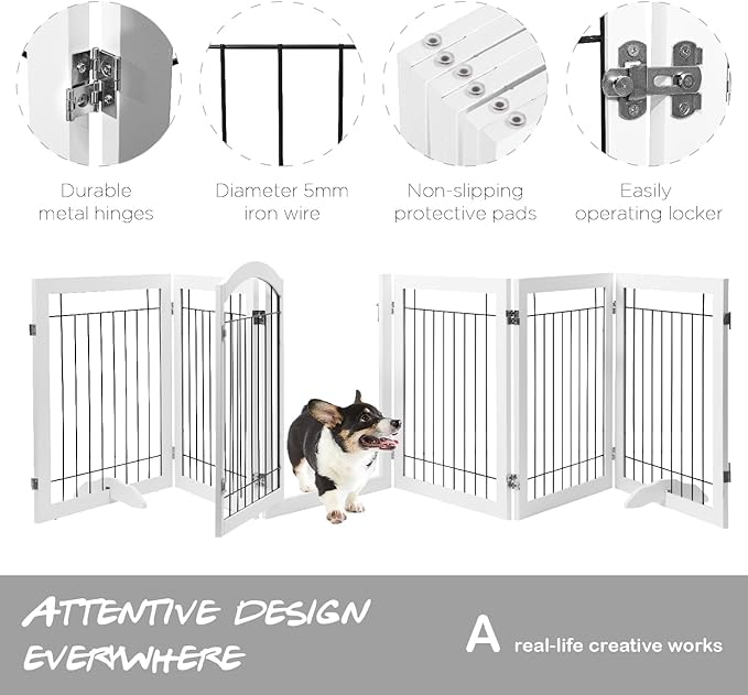 PAWLAND 144-inch Extra Wide 30-inches Tall Dog gate with Door Walk Through, Freestanding Wire Pet Gate for The House, Doorway, Stairs, Pet Puppy Safety Fence, Support Feet Included, White,6 Panels
