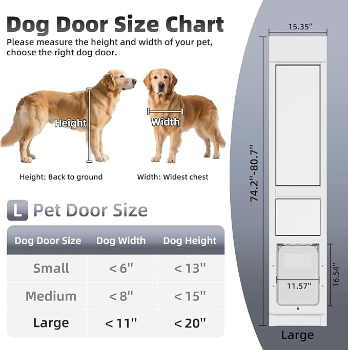 Dog Door for Sliding Glass Door with Magnetic Plastic Flat, Sliding Pet Doggie Door Insert with Lock, Adjustable Height No-Cut Required Doggy Door Access for Renters, Apartments, Patio (White, L)