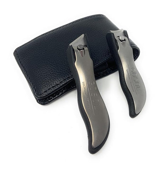 Professional 2 Pieces Luxuries Stainless Steel German Manicure Pedicure Clipper Set Grooming kit In Black Full Grain Leather Case Made in Solingen Germany