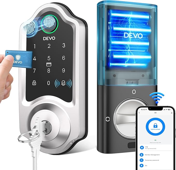 DEVO G8 Smart Lock, 6-in-1 Fingerprint Keyless Entry Door Lock with Doorbell, Built-in Wi-Fi, APP Remote, Auto-Lock, Front Door Smart Deadbolt, Easy Install, IP54 Waterproof