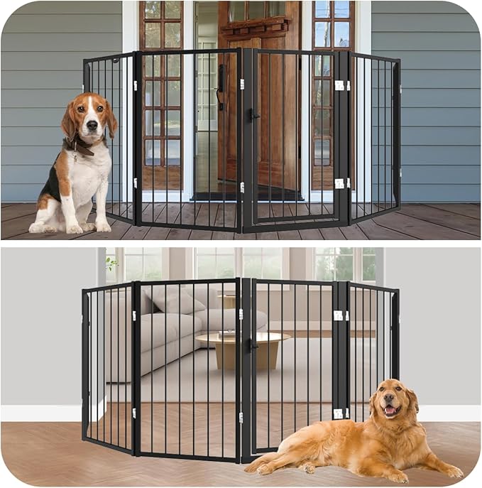 Free Standing Dog Gate with Door,120'' Extra Wide 32'' Tall Metal Dog Gates for Doorways, Foldable Pet Gate Fence Indoor & Outdoor for Stairs,Hallways,Decks,Porch,Yard (6 Panels,Black)