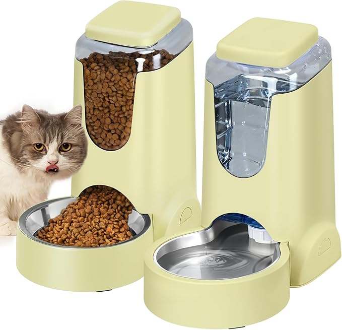 HWONMTE Portable Automatic Cat Feeder and Water Dispenser with Stainless Steel Bowl Dog Gravity Food Feeder and Waterer for Small Medium Pets Puppy Kitten 1 Gallon x 2 (Cream Yellow)