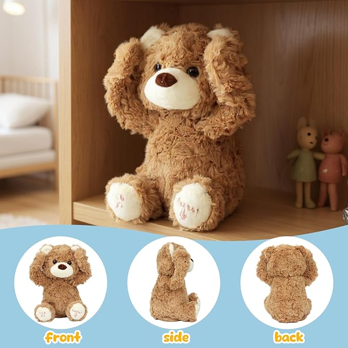 Hopearl Peek A Boo Bear Interactive Repeats What You Say Plush Teddy Bear Toy Musical Singing Talking Stuffed Animal Adorable Electric Animate Gift for Toddlers, Brown, 11''