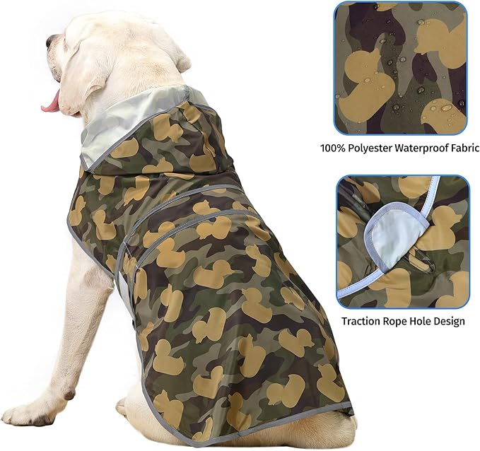 Dog Raincoats for Large Dogs Waterproof Hooded Rain Jacket with Reflective Strips Leash Hole & Poncho Adjustable Fit (CamoDuck,XXL)
