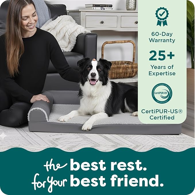 FurHaven Orthopedic Dog Bed for Large Dogs, L-Shaped Chaise Contour Mattress with Egg Crate Orthopedic Memory Foam for Joint Support, Removable Washable Cover, Large, Faux Fur & Suede, Stone Gray