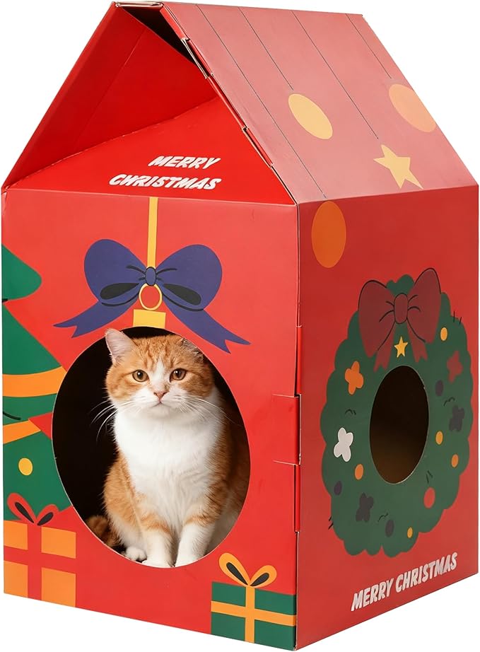 Cat House Scratcher Cardboard, Christmas Theme Thick Scratching House, pet Lounge Bed for Indoor Rest & Play, pet Scratcher Pad (12 "L X 12" W X 20" H)
