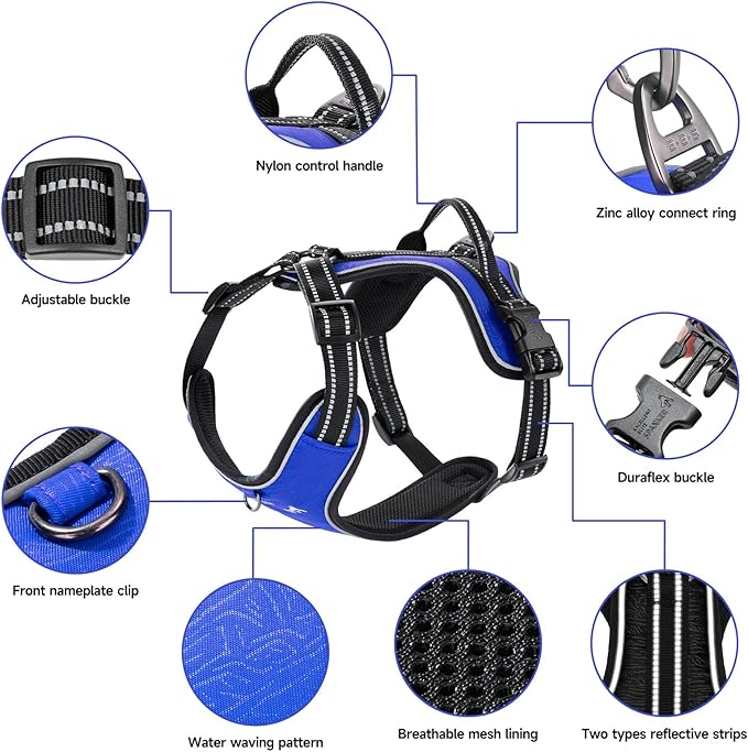 EXCELLENT ELITE SPANKER Nylon Reflective Dog Harness Adjustable No Pull Lightweight EVA Padded Vest Nameplate-Front Clip Service Dog Harness with Buckle for Medium Large Dogs (Blue, XL)