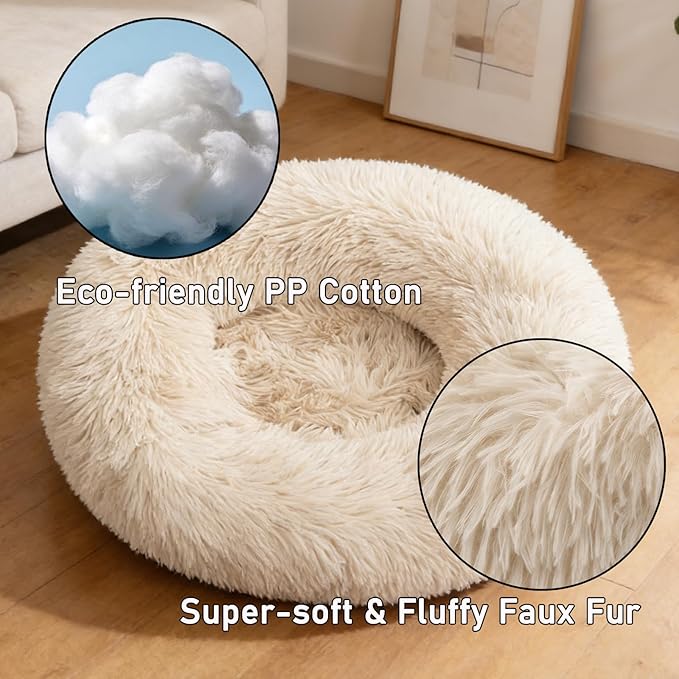 Calming Donut Dog Beds for Small Dogs Cats - Washable Removable Cover Non-Slip Bottom, Round Pet Bed Puppy Bed Warming Fluffy Faux Fur Anti-Anxiety, Fits up to 25 lbs (Beige, 23")