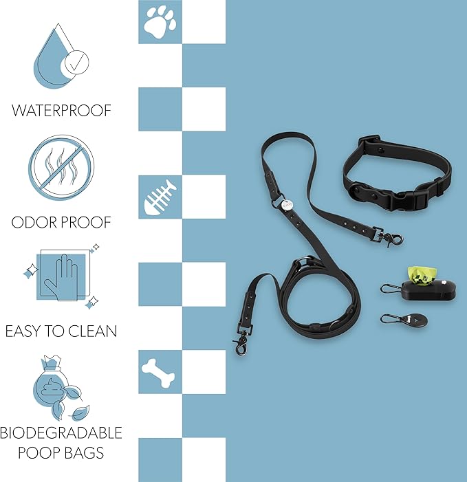 WLK1004I-5SET Luna Small 8FT Adjustable 6-in-1 Waterproof Hands-Free Leash and Collar with LED Flashlight, Bag Dispenser, and Poop Bag Holder, Bitters