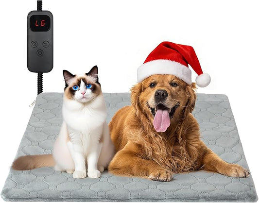 Cat Heating Pad, 6 Adjustable Temperature & 5 Timer Options, 17.7'' x 17.7'' Pet Heating Pad for Cats Dogs, Waterproof Indoor Outdoor Electric Heated Cat Bed Dog Mat with Chew-Resistant Cord (Grey)