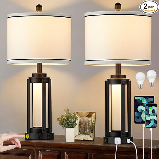25" Modern Table Lamps Set of 2, Industrial Beside Lamps with USB A+C Charging Ports & AC Outlet, Nightstand Lamp with Glass Night Light for Living Room Bedroom End Table Decor White(4 Bulbs Included)