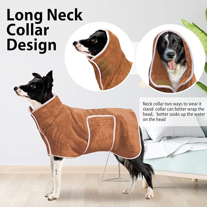 Dog Bathrobe Towel Dog Drying Coat - Super Absorbent Towels Bath Robe for Dogs Large, Soft Adjustable Collar & Belly Strap Fast Drying Coat Pet Cat Bath Robe (Brown, XX-Large)