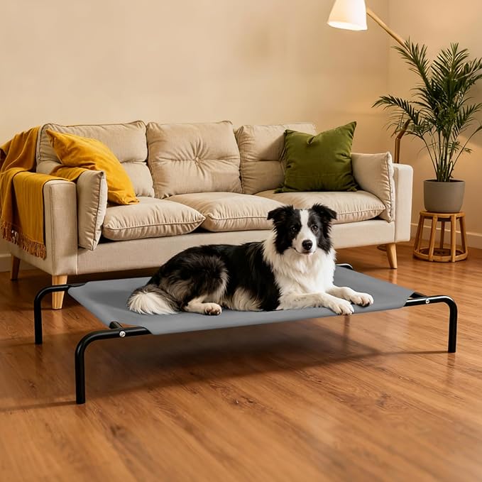 Elevated Dog Bed Waterproof Outdoor Pet Cot Cooling Dog Cot, Raised Bed for Large Dogs with Washable Breathable Mesh, No-Slip Feet, 50.8 x 31 x 8 inches, Grey