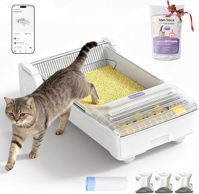 Robotail Fully-Open Automatic Self Cleaning Litter Box, Extra Large Space Electric Cat Litter Box with APP Control Health Monitor, Smart Litter Tray for Multiple Cats, Anti-Pinch, Come with 5lb Litter