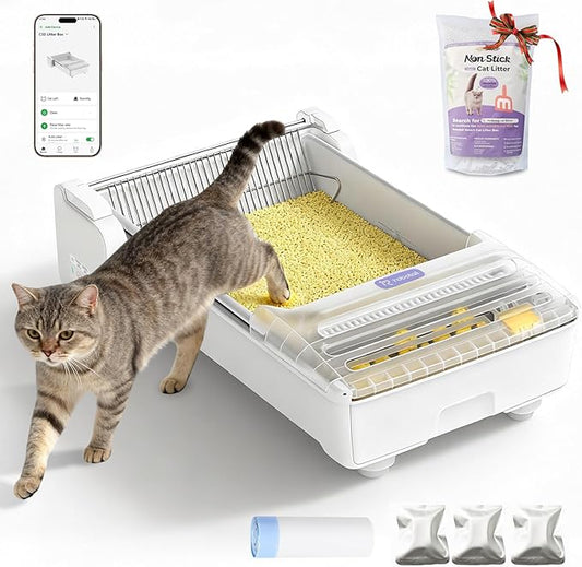 Robotail Fully-Open Automatic Self Cleaning Litter Box, Extra Large Space Electric Cat Litter Box with APP Control Health Monitor, Smart Litter Tray for Multiple Cats, Anti-Pinch, Come with 5lb Litter