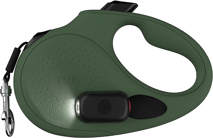 TUG Oval 360° Tangle-Free Retractable Dog Leash | Flashlight Included | Integrated Waste Bag Dispenser Pocket (Large, Green)