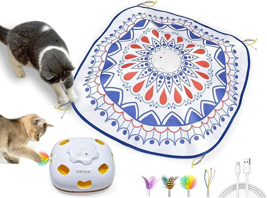 ORSDA Cat Toys, 4 in 1 Interactive Cat Toys for Indoor Kitten, Automatic Electric Enrichment Hide and Seek, Chase The Feather, 8 Holes Mice Whack-A-Mole, Catch Magic Wand
