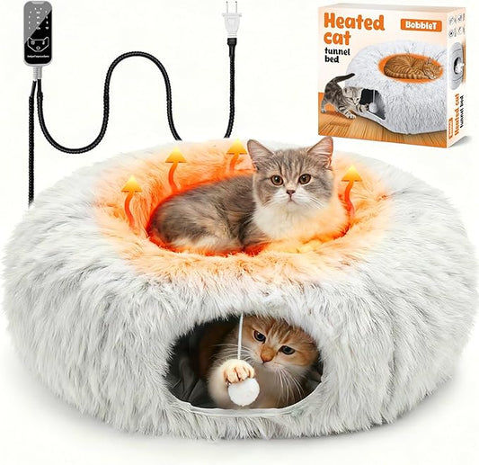Heated Cat Bed Indoor – 31.5'' Cozy Warming Donut Cat Tunnel Bed with Timer & Temp Adjustable, Removable Waterproof Electric Heating pad, Play & Rest in One, Treat Your Kitty to Warmth & Fun