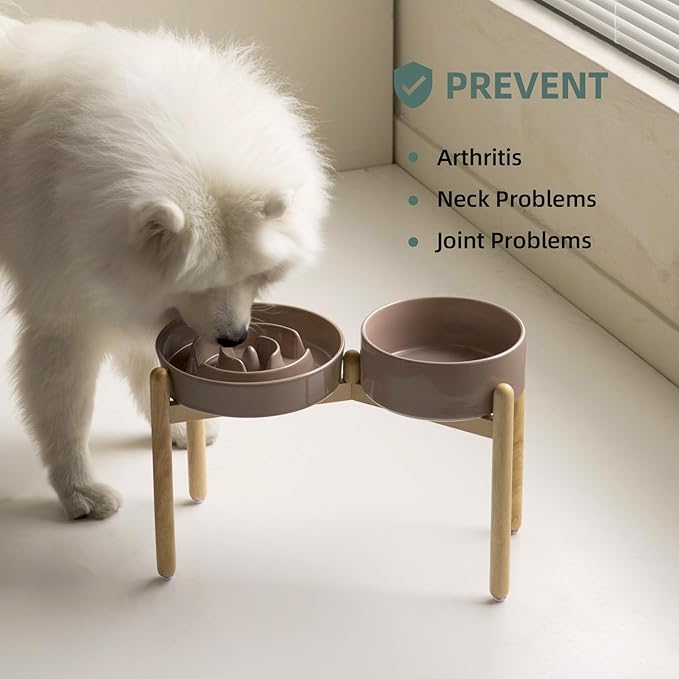 3.2 Cup Ceramic Raised Slow Feeder Dog Bowl Set, Elevated 8.2inch Bowl and 9.5inch Puzzle Slow Food Dish with Wooden Stand for Large Dog, Anti-Gulping (2 x Brown Coffee+ Stand)