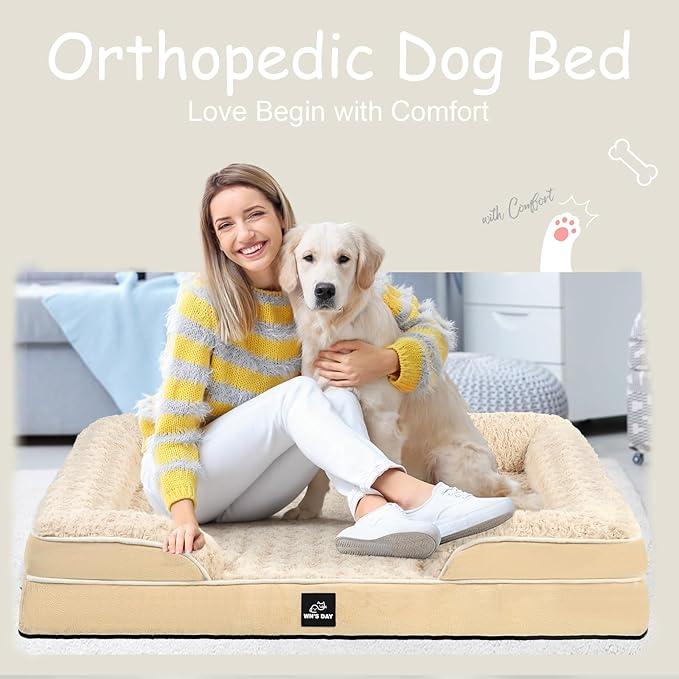 Orthopedic Dog Bed for Large Medium Sized, Washable Memory Foam Large Dog Bed, Durable Medium Pet Sofa with Removable Cover, Washable Waterproof Pet Couch Beds(Beige, XL)