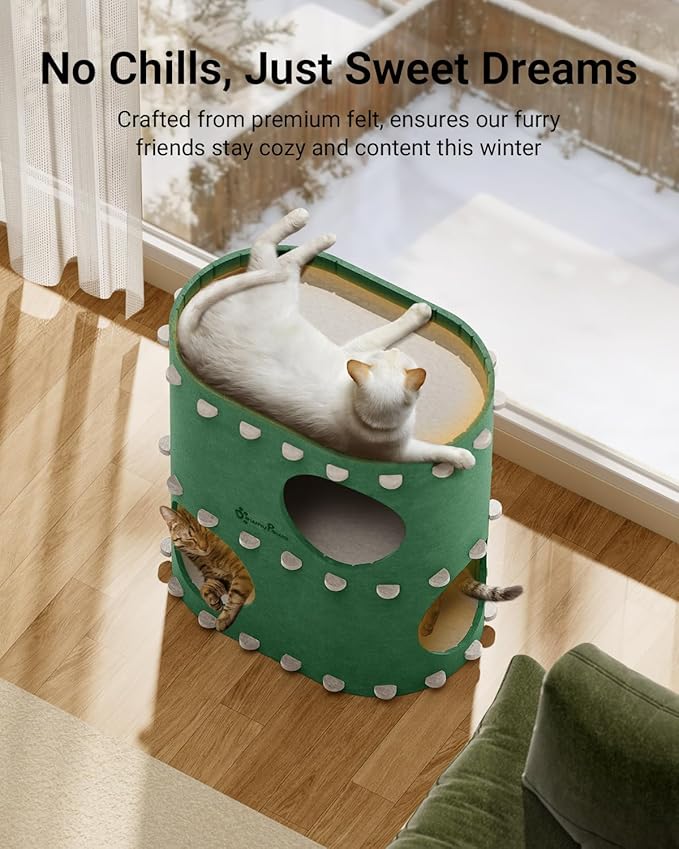 DownyPaws Cat House for Indoor Cats, 2-Storey Foldable Cat Bed Cave, Felt Cats Tunnel Bed Condo, Castle Kitten Cube Hideaway for Multicats, Scratch Resistant, Forest