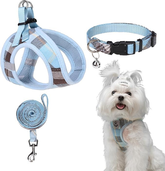 EXPAWLORER Classic Plaid Puppy Harness - Small Dog Collar and Leash with AirTag Holder Case - Soft Mesh Padded Adjustable Dog Vest Harness No Pull, Reflective Escape Proof for Outdoor, Blue XS
