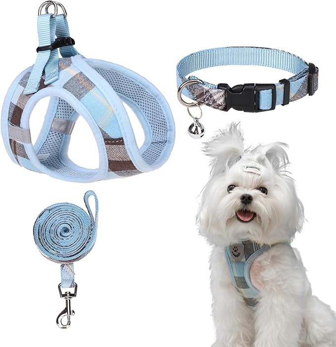EXPAWLORER Classic Plaid Step in Dog Harness - Small Dog Collar and Leash - Soft Mesh Padded Adjustable Dog Vest Harness No Pull, Reflective Escape Proof for Outdoor Walking, Blue Large