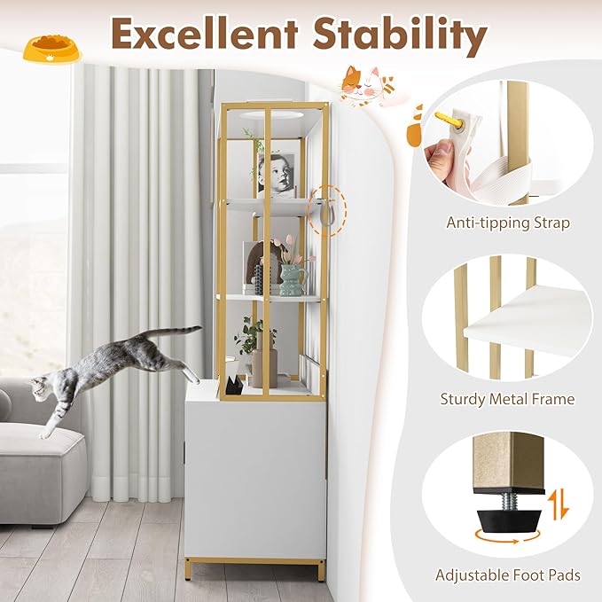 PETSITE Cat Litter Box Furniture with 3 Shelves and Doors, 61 inch Tall Cat Box Enclosure with Display Shelves, Scratching Pad, Indoor Hidden Litter Box with Decorative Storage Shelving (White)