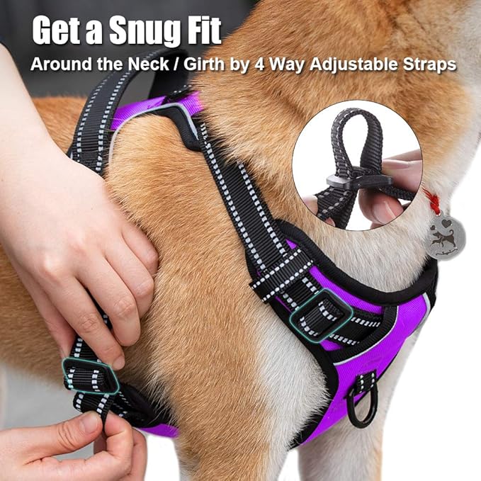 PoyPet No Pull Dog Harness, Reflective Comfortable Vest Harness with Front & Back 2 Leash Attachments and Easy Control Handle Adjustable Soft Padded Pet Vest for Small to Large Dogs (Purple,XL)