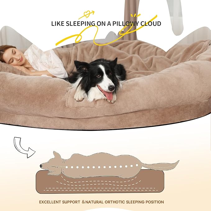 Human Dog Bed for Adults, 73"x56"x12" Washable Orthopedic Size, Faux Fur Removable, Cozy Large Present with Blanket and Pillow, Khaki