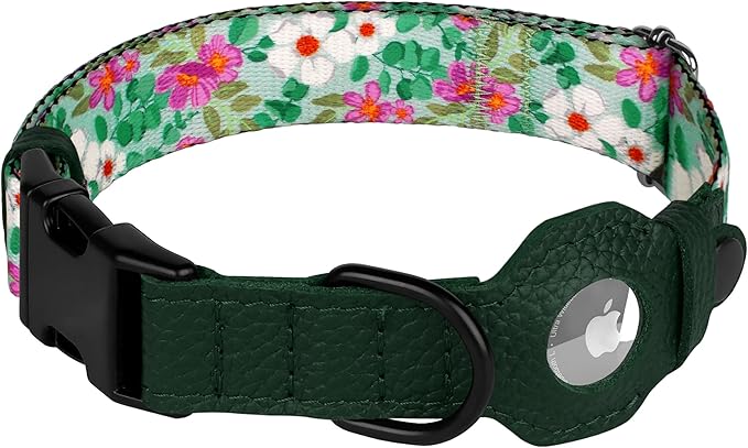 AirTag Dog Collar with Metal Buckle - Printed Nylon Soft Leather Dog Collar with Apple AirTag Holder - Secure Tracking GPS Pet Collars for Girl Boy Small Large Dogs (S, 12"-15" Neck Fit, Floral)