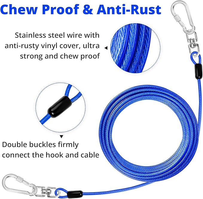 jenico Dog Tie Out Cable: 30 ft Dog Lead for Yard - Heavy Duty Chain Leash Outside for Small Large Dogs Up to 500 lbs - Outdoor Dog Runner Tether