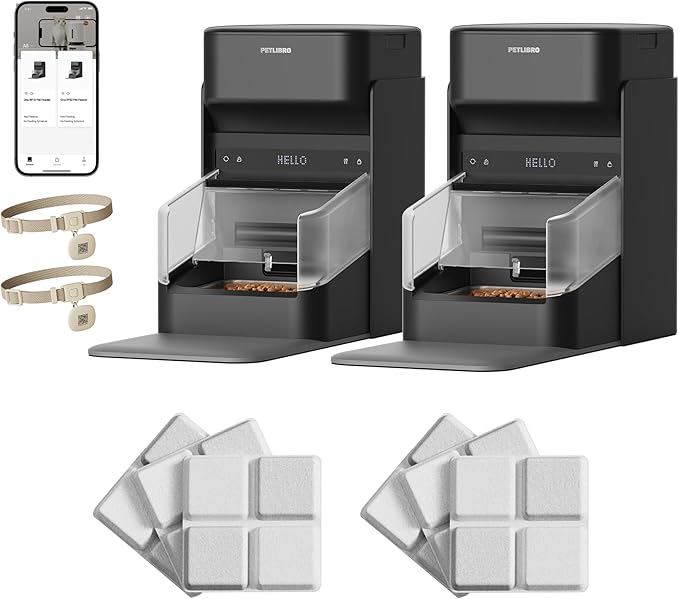 2 Packs PETLIBRO RFID Automatic Cat Feeder with 12 Packs Pet Food Desiccant Bag, Collar Sensor for Personalized Meals, Wi-Fi Programmable Food Dispenser with Cats Recognition & Diet Tracking