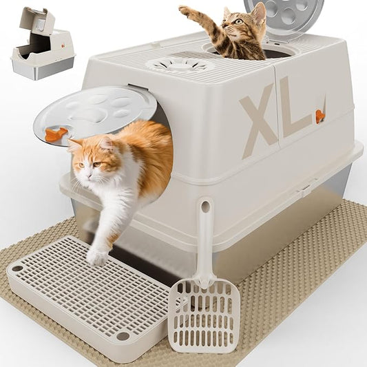 Stainless Steel Litter Box with Lid, XL Extra Large Litter Box, Enclosed Top Entry Metal Litterbox for Big Cats, Easy Cleaning, Less Leakage & High Sided with Mat, Aisle & Scoop, Beige