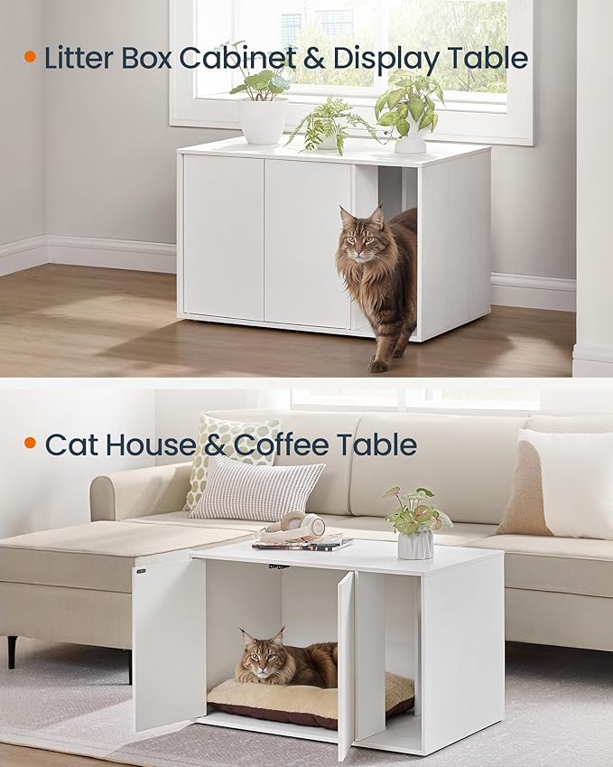 SONGMICS HOME Cat Litter Box Enclosure, Superfast Toolless Assembly, Litter Box Furniture for Large Cats, Display Side Table, Push-to-Open Doors, Minimalist Modern, Snow White UPCL013W01