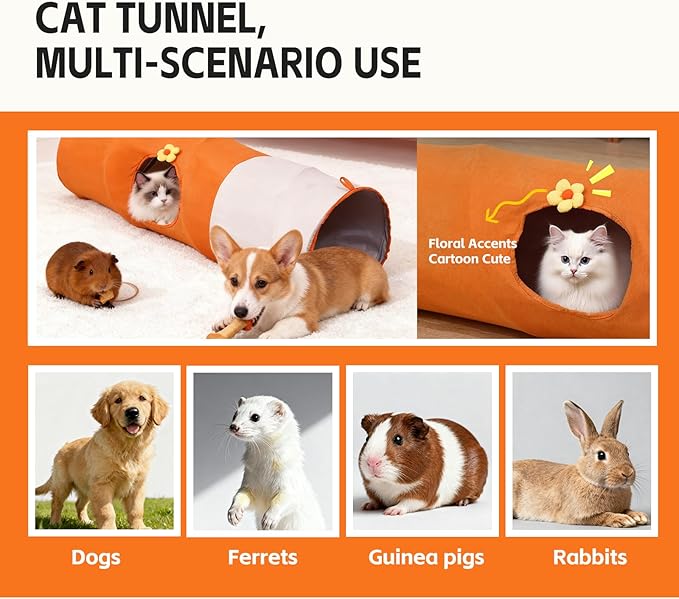 Large Cat Tunnels for Indoor Cats,Durable & Collapsible Play Tubes and Tunnels with Crinkle Sound & Balls for Adult Cats & Kittens (Orange)